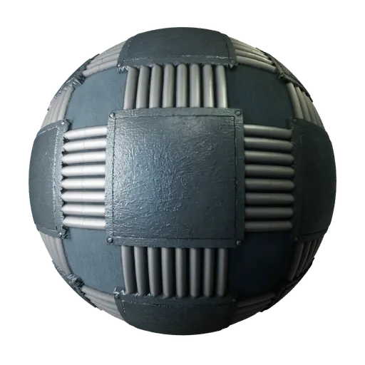 4K PBR scratched metal texture for 3D modeling, featuring realistic panels and pipes with displacement mapping.