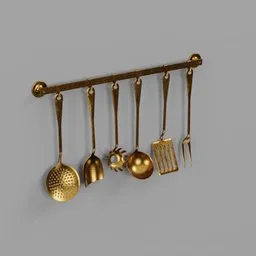 High-quality 3D gold kitchen utensils model for Blender rendering.