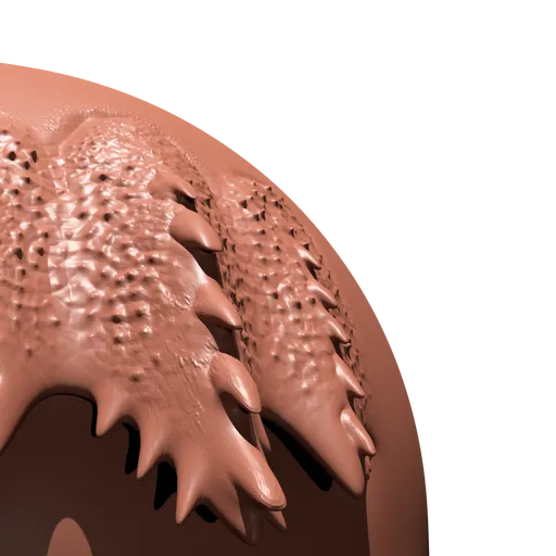 3D sculpting brush creating detailed triple scaled, horn-like textures on a digital model surface.