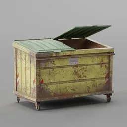 "Highly detailed yellow garbage dumpster with green lid, perfect for Blender 3D modeling. This ultra-realistic, untextured container is ideal for game art and city scene decoration. Embrace the swiss design and fuschia skin of this rusted, true-to-life rubbish bin."