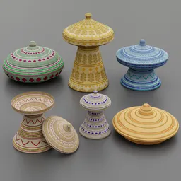 "Ethiopian Mesob Collection 3D Model for Blender 3D - Colorful bowls with lids, inspired by Naomi Okubo and perfect for decoration or ceremony. Includes wooden side table and Touareg wearing a cylinder hat."