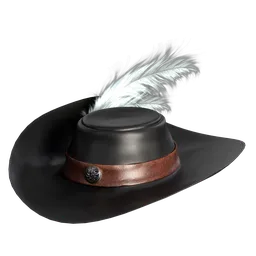 "Photorealistic Black Pirate Hat with Feather 3D Model, made in Blender and rendered with Cycles. High level of detail and perfect for headwear in style of Col Price. Download now on BlenderKit."
