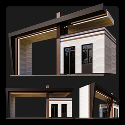 Modern 3D-rendered entrance gate with an overhanging roof, concrete and wood textures, and large glass panel for Blender artists.