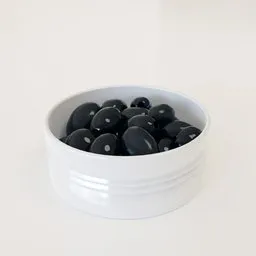 Realistic 3D model of a bowl filled with black olives, ideal for Blender rendering and decor visualization.