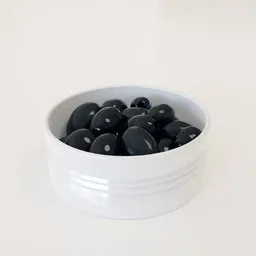 "Decorative black olives dish set in monochrome 3D rendered model for Blender 3D. Hyper-realistic with supporting characters and substance render. Perfect for fruit and vegetable themed projects and designs."