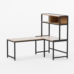 Detailed 3D Blender model of an L-shaped office desk with shelving, featuring a modern design.