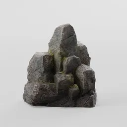 Detailed 3D cliff rock model with moss, optimized for Blender, low-poly, 2K PBR textures, game-ready asset.