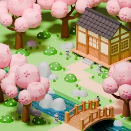Low Poly Japanese Sakura House