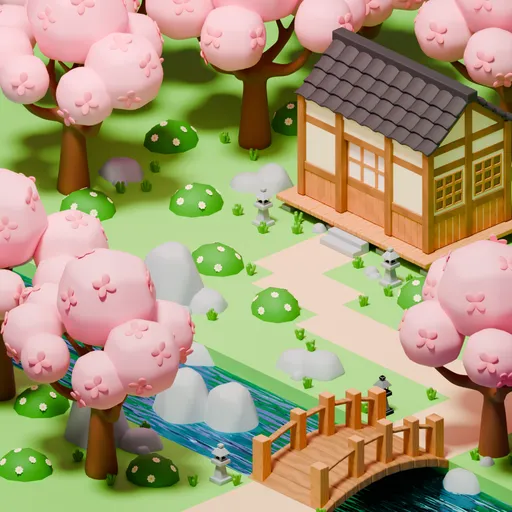 Low Poly Japanese Sakura House