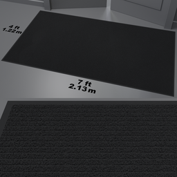 "Seven-foot by four-foot ribbed carpet entrance mat for businesses and offices, modeled in Blender 3D. Accurately proportioned and includes realistic dirt. Works with Eevee rendering software with simple settings change."