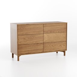 "Oak wood, six-drawer chest designed in Blender 3D - Noben 6 Drawer Chest. Features a realistically proportioned body and detailed scenery. Knock down leg frame for easy construction."