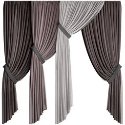 "Modern grey and dark theme curtains with tie and hair loops in three color variants for architectural rendering in Blender 3D. Inspired by Lisa Milroy's style, featuring stylized border and detailed product photo."