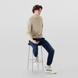 3D modeled man with curly hair, sweatshirt, and sneakers sits attentively on a stool holding a smartphone.