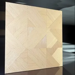 "Modular patchwork wooden panel featuring a unique pattern, created with Blender 3D software. Highly detailed with a triangular face and inspired by Antoni Pitxot, this art piece is perfect for your next project. Seen at the Dezeen showroom and trending on Interfacelift, get your hands on this unparalleled design."
