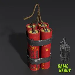 "High-quality lowpoly historic military 3D model of a dynamite with rope, suitable for game projects. Textured in 4k with a single UV set. Designed for Blender 3D software."