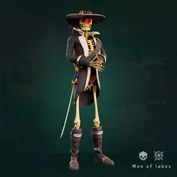 High-detail, game-ready 3D skeleton character in Blender, with hat and sword, stylized design, optimized for rigging.