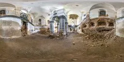 360° HDR panorama of a dilapidated interior with natural daylight ideal for scene illumination.
