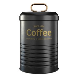 "3D model of a black metal coffee pot with gold handle for Blender 3D. High poly Vray render, detailed medium format photo. Perfect for kitchen and storage scenes."