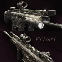 "US Fn Scar L FK 16 3D model for Blender 3D - Equipment category. Photorealistic gun with flashlight, detailed and well-rigged. Comes in 2K, 1K, and 512 qualities."