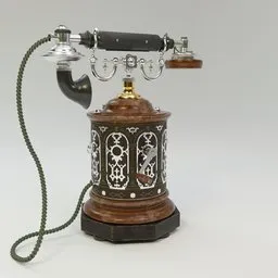 "Get a vintage vibe with this 18th century telephone 3D model for Blender 3D, inspired by Léon Bakst's highly-detailed pattern and Coffee Grinder Desk Telephone by L.M. Ericsson. With wooden casing and antique style, this steampunk-inspired phone is perfect for your next Blender project."