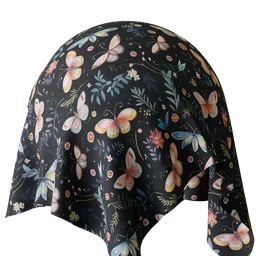 High-resolution PBR black textile with a colorful butterfly pattern for 3D Blender modeling.