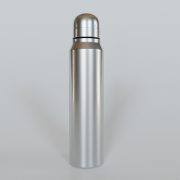 "Stainless Steel Water Bottle model for Blender 3D - a high-quality tableware set featuring a silver bottle with a lid on a white surface. This 3D rendering showcases a unique design with cartoon shading, creating a super photo-realistic image. Perfect for use in Blender 3D projects."