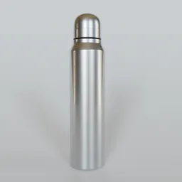 "Stainless Steel Water Bottle model for Blender 3D - a high-quality tableware set featuring a silver bottle with a lid on a white surface. This 3D rendering showcases a unique design with cartoon shading, creating a super photo-realistic image. Perfect for use in Blender 3D projects."