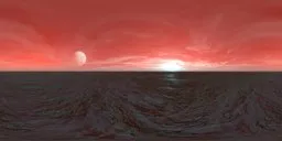Red atmospheric skydome with cyan-tinted sunset and large moon, wispy clouds, and red-toned fill lighting for scene illumination.
