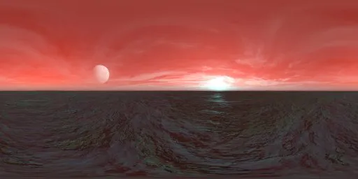 Red atmospheric skydome with cyan-tinted sunset and large moon, wispy clouds, and red-toned fill lighting for scene illumination.