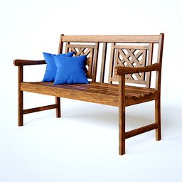 "Wooden outdoor bench with blue pillows, inspired by various designers including Arlington Nelson Lindenmuth and Michael Malm. Perfect for your front porch or backyard. 3D model created using Blender 3D software."