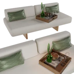 Detailed 3D rendering of a modern white sofa with tropical pattern cushions and coffee table, compatible with Blender 3D.