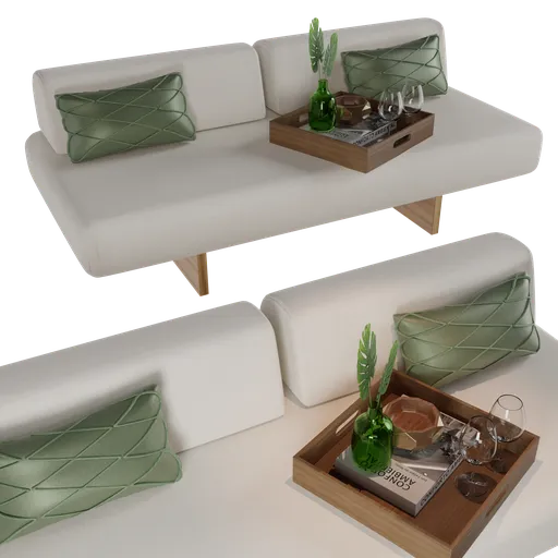 Detailed 3D rendering of a modern white sofa with tropical pattern cushions and coffee table, compatible with Blender 3D.