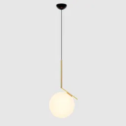 "Brass-framed FLOS Pendant 1 3D model with 2700k 15w diffuse light rendered in Blender 3D. Realistic gold glow and a tall thin frame with a single long stick, perfect for ceiling light 3D visualization."