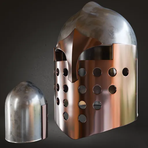 Realistic 3D model of ancient helmet with high-quality metal textures and anatomically accurate details, suitable for Blender.