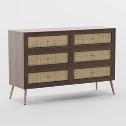 Retro Scandinavian style 3D rendered wood and rattan commode with customizable color options, part of the BOHEME collection.