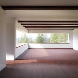 Empty modern interior with large windows and nature view, Blender 3D rendered space for design visualization.