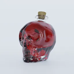 "Red skull glass bottle with cork stopper and liquid inside, perfect for Halloween or spooky-themed renders. 3D model created in Blender 3D and ready for use in a variety of software, including Octane Render and Unreal Engine 5. Inspired by Gaston Anglade, this unique skull bottle is great for crafting potions of healing or simply displaying as a decorative piece."