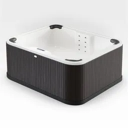 "3D model of a white and black covered Jacuzzi with dimensions of 212x172x83 cm, created with Blender 3D software. The model features an attractive character, Zhongli from Genshin Impact, and a wooden bowl. Detailed textures and rich tones of deep dark blue and Manuka enhance the overall appeal of the model."