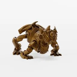 "3D model of a robot puppy in Blender 3D, perfect for 3D printing. Stylized in fantasy miniature with a bronze finish, this trendy model features intricate line texture and a bird perched on its back. Designed for 3D computer rendering and inspired by the popular Zoids franchise."
