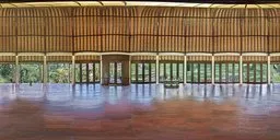 Tranquil HDR interior of light-filled leisure hall with wooden architecture and reflective floor for scene lighting.