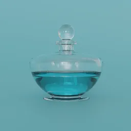 Detailed 3D rendering of a translucent bowl-shaped bottle with blue liquid and spherical stopper, suitable for Blender 3D projects.