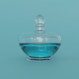 "3D model of a bowl-shaped perfume bottle with glass stopper, created in Blender 3D. The photorealistic shading and detailed texture capture the essence of a potion bottle, perfect for pharmacy or cosmetics design. Inspired by Joseph Ducreux's and Rubens Peale's minimalistic yet eyecatching aesthetics."