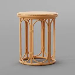 3D-rendered wooden stool model showcasing intricate design, ideal for Blender 3D projects in interior/exterior scenes.