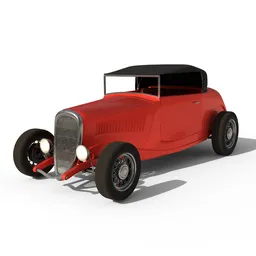 Realistic red Hot Rod 3D model with rigged wheels and procedural materials designed in Blender, showing high-quality render.