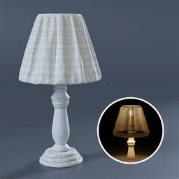 "Shabby style table lamp with checkered motif and fabric shade for Blender 3D. Medium and large design elements, including a ribbed stand and a node-controlled point light. Perfect for creating cozy scenes and adding ambiance to your renders."