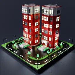 "Residential Complex vol 01 3D model for Blender 3D: Two 6-story buildings with lots of windows, lawn area, street lighting, and parking. Separate engine room on top of the building, and tree planted with flower box. Perfect for architectural visualization projects."
