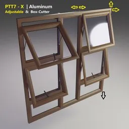 "Aluminum window 3D model for Blender 3D - P7tt - x. Featuring a close up of a window with a mirror and a window frame, this passive house window is made from mechanical parts and can be adjusted with empties. Use the box cutter to boolean gaps in the wall. Perfect for architectural visualization."