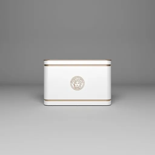Elegant white 3D modeled reception desk with decorative emblem, ideal for virtual office or hotel lobby renderings in Blender.