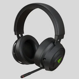 Highly detailed black 3D model headphones with green logo and microphone, Blender render ready.