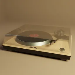 "Modern wooden turntable with red record player on top, rendered in realistic 3D with Vray and Arnold. Minimalist design with blurred details and 16mm grain, perfect for nostalgic vibes. Ideal for Blender 3D enthusiasts looking for a 3D model of a trending interface accessory."